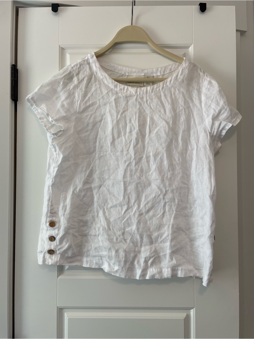 Cynthia Rowley White Short-Sleeve Linen Top with Side Buttons